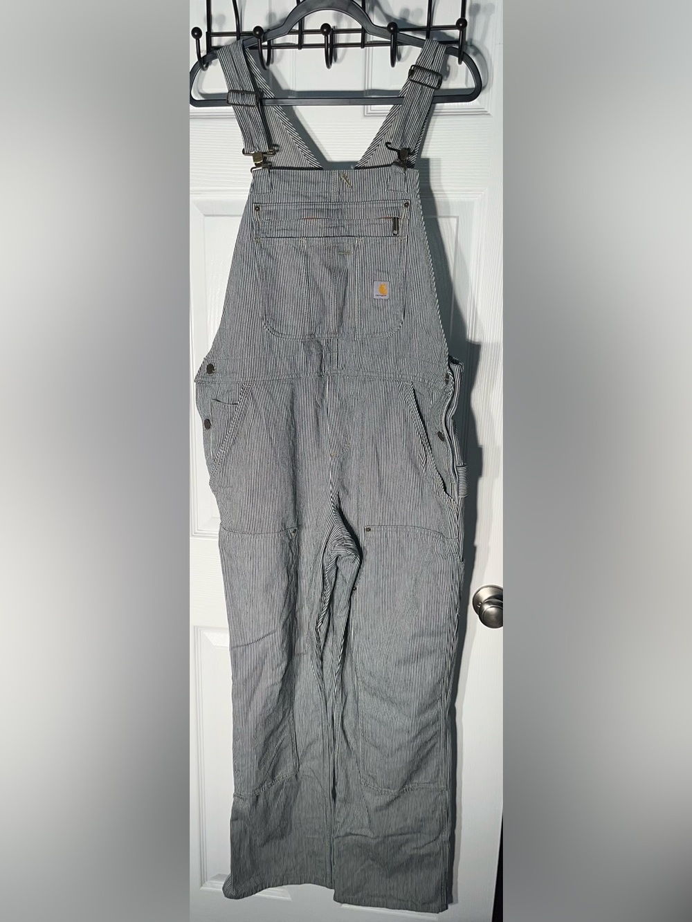 Carhartt Denim Bib Overall Women’s Large Relaxed Fit Cotton Railroad Stripe - Picture 1 of 15
